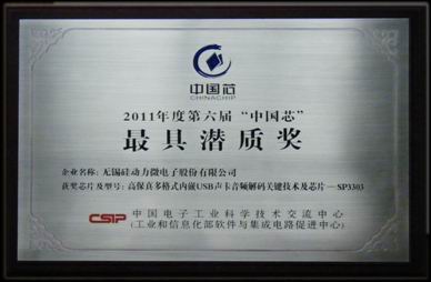 公司荣获第六届“中国芯”评选之“最具潜质奖”(图1)